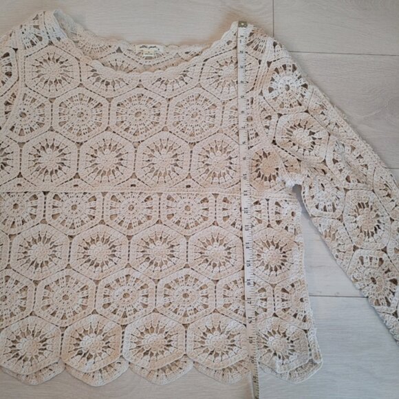 Crochet Macrame Long Sleeve Top Scalloped Hem Beachy Boho Vintage Look - Picture 3 of 5